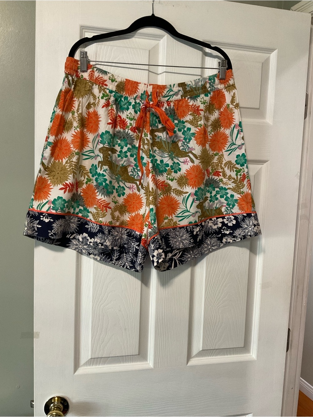 Anthropologie Floral High-Waist Drawstring Shorts in Orange, Green & Navy